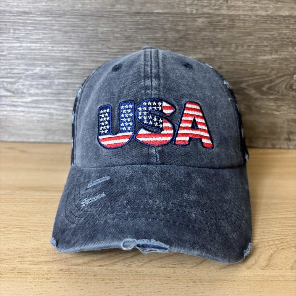 USA Hat Cap Snap Back Trucker Mesh Distressed Washed Blue Stars Patriotic Mens